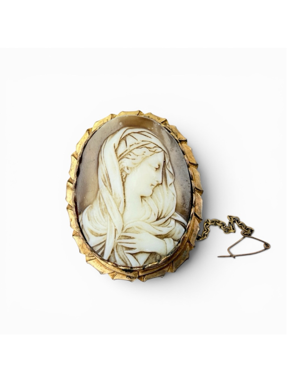 Large Antique Shell Cameo Brooch Early Edwardian Italian Madonna Gold Filled